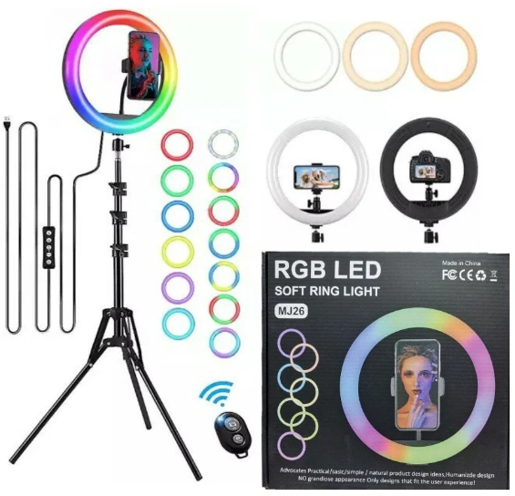 Цветная кольцевая лампа LED RGB 26 см держатель для телефона селфи кнопка Bluetooth и штатив 205см