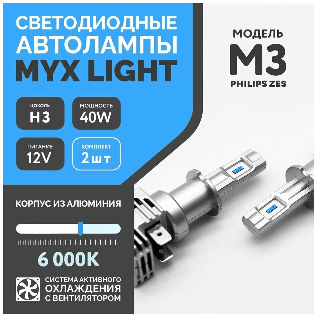 Светодиодные автомобильные лампы цоколь H3 , напряжение 12V, мощность 40W, LED чип ZES, температура света 6000K MYX Light M3 /без проводов /компакт с вентилятором