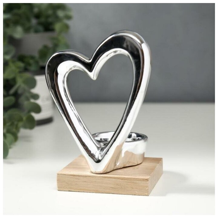 Сувенир керамика, дерево подсвечник "Серебряное сердце" 13,5х8х9,4 см - фотография № 4