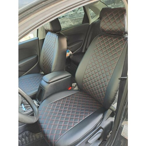Чехлы на Лада гранта сплошной/ авточехлы на Лада гранта/ автомобильные чехлы на сиденье Lada granta черный ромб красная нитка