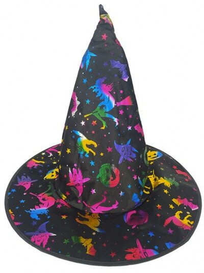 Колпак черный "Шляпа хэллоуин", костюм ведьмы с разноцветными тыквами, ведьмами, кошками