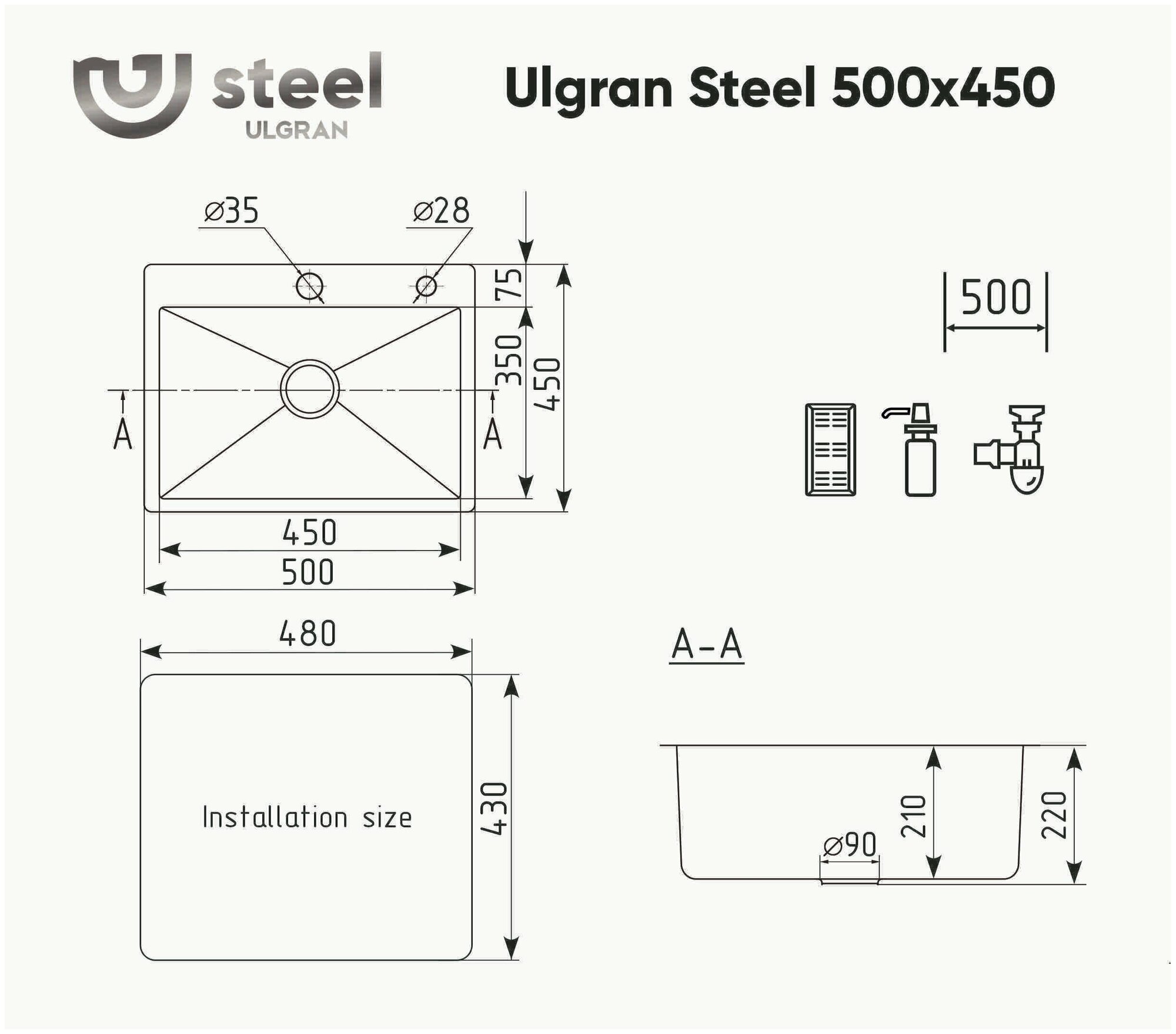 Комплект кухонная мойка брашированная нержавеющая сталь ULGRAN 50 х 45 см с коландером, дозатором и сливной арматурой - фотография № 2