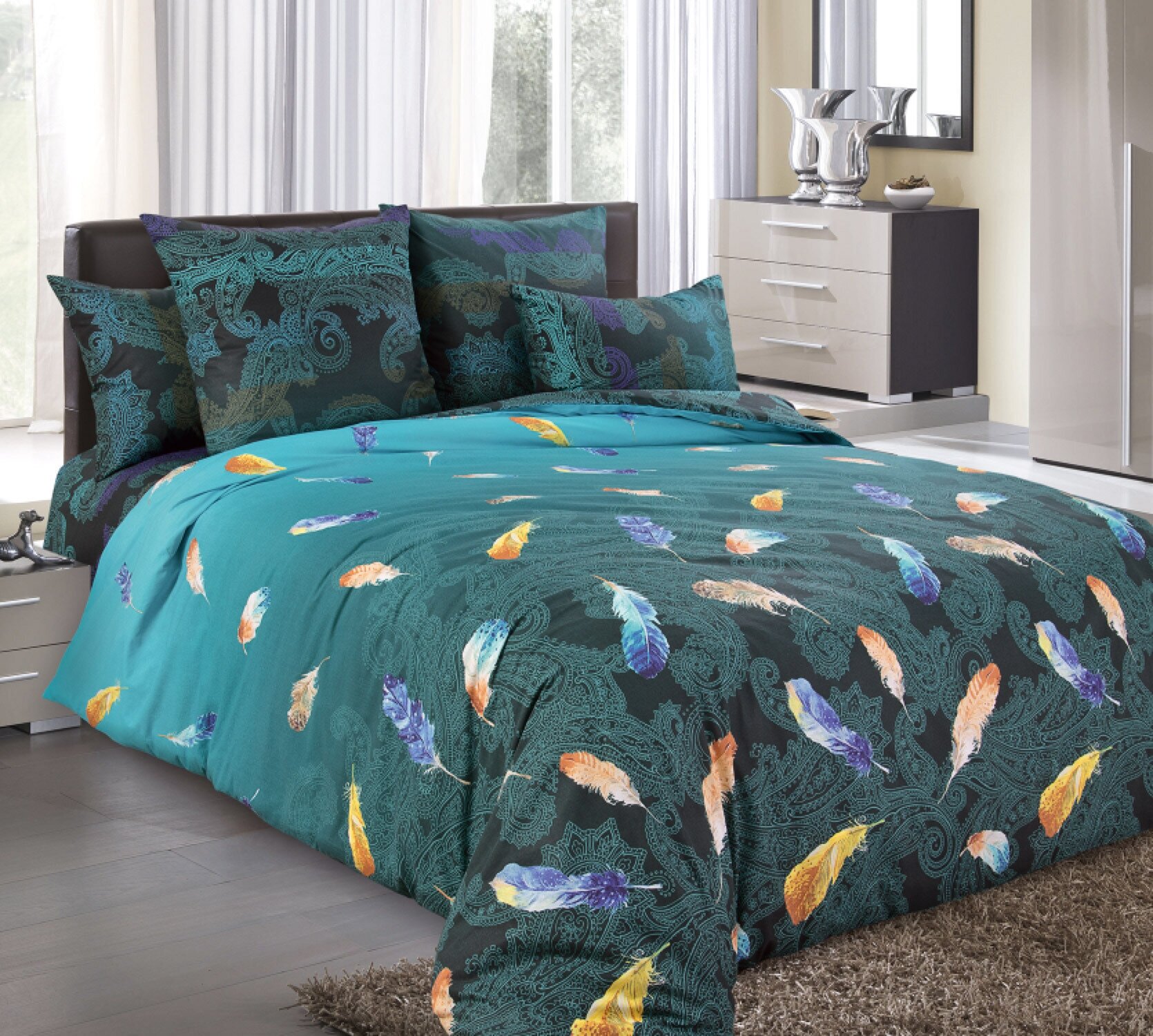 Двуспальный с европростынёй комплект постельного белья Дуновение перкаль зеленый