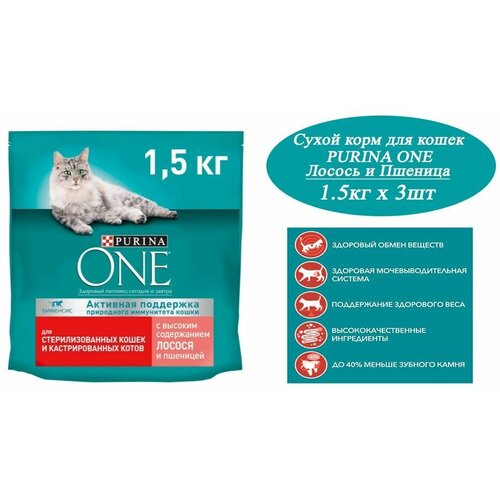 Сухой корм для кошек Purina ONE Sterilised 1.5кг х 3шт для стерилизованных, с лососем и пшеницей