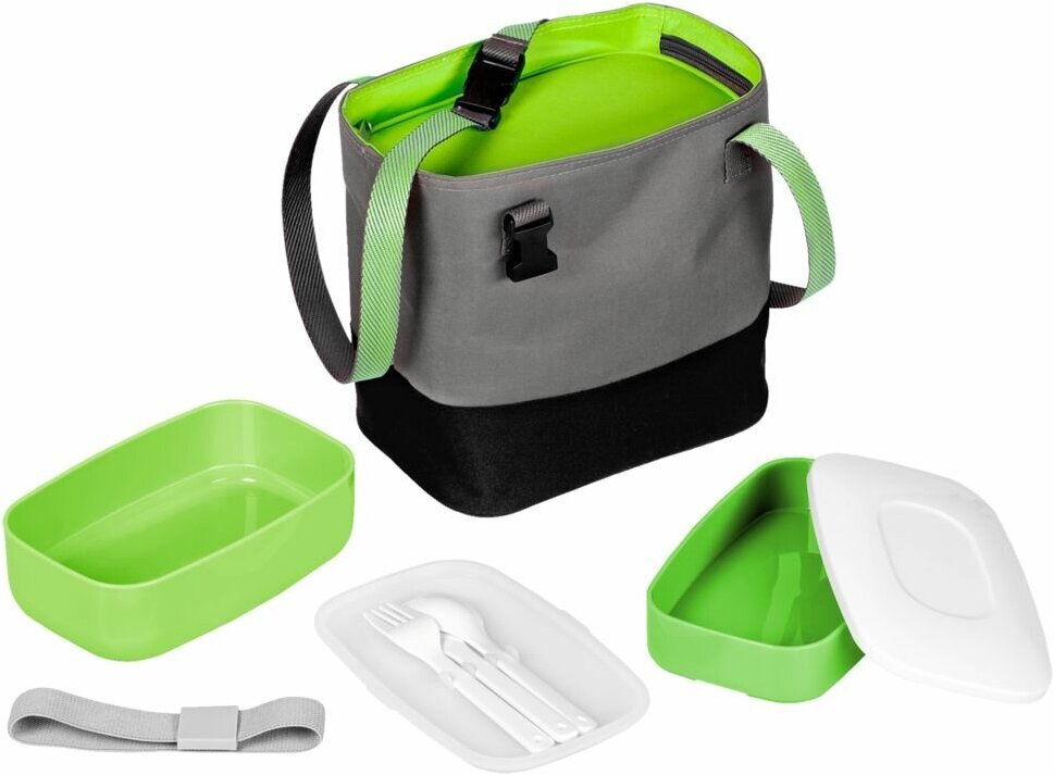 Набор ланчбоксов в термосумке Takk Mamma, зеленый, сумка: 22х20х14 см; ремень: длина 50 см, ланчбоксы, приборы - пластик; сумка - полиэстер, термоизоляция