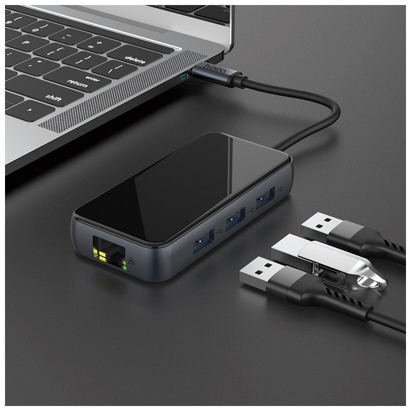 Хаб Hoco HB16 Easy expand Type-C adapter Type-C to USB3.0*3+HDMI+PD+RJ45 Cерый