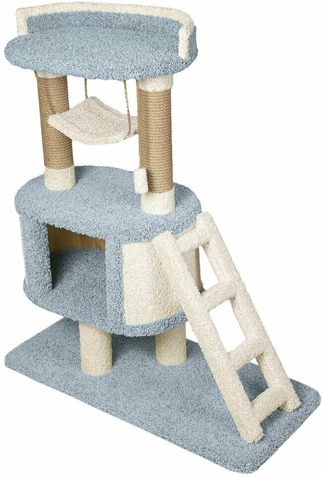 Высокая когтеточка-столбик с домиком и лежанкой для кошек "Игруля" голубой - фотография № 1