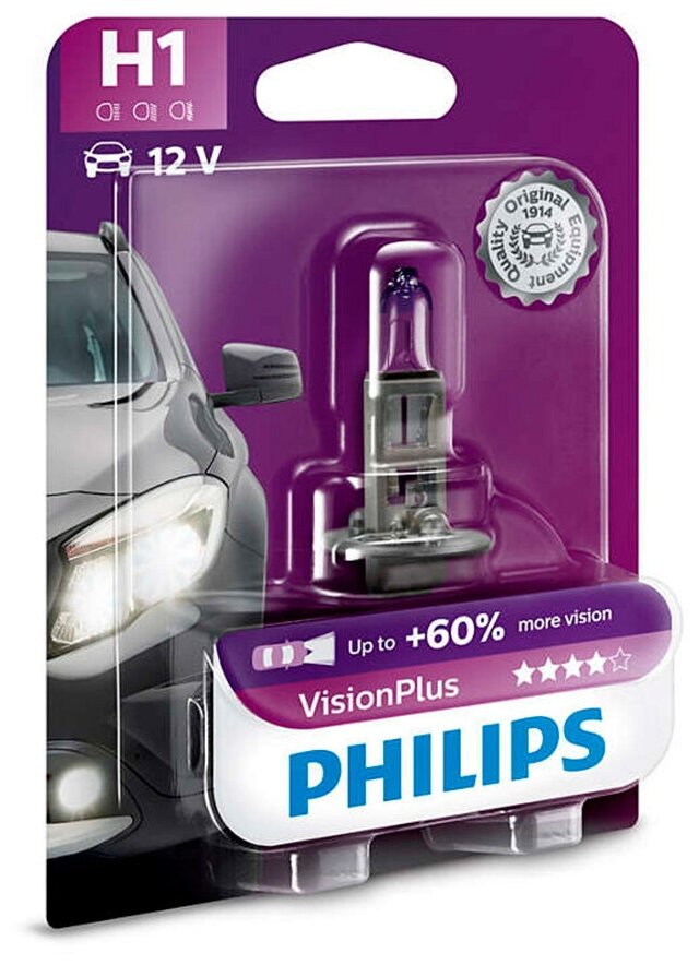 Лампа автомобильная галогенная Philips VisionPlus +60% 12258VPB1 H1 55W P145s 1 шт.