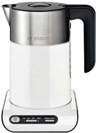 Чайник BOSCH TWK8611P, 1,5 л, 2400 Вт, закрытый нагревательный элемент, нержавеющая сталь, белый