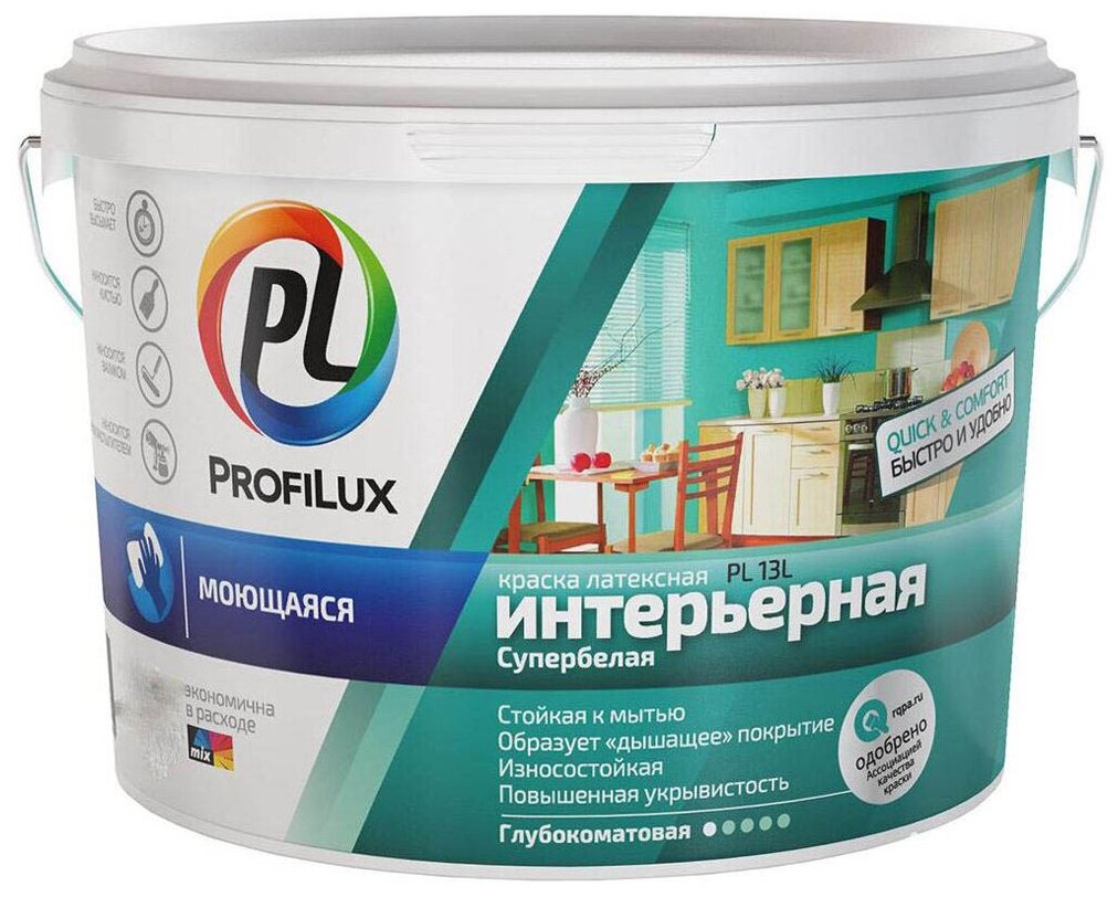 Краска для стен и потолков для влажных помещений латексная Profilux PL-13L глубокоматовая супербелая база 1 14 кг.