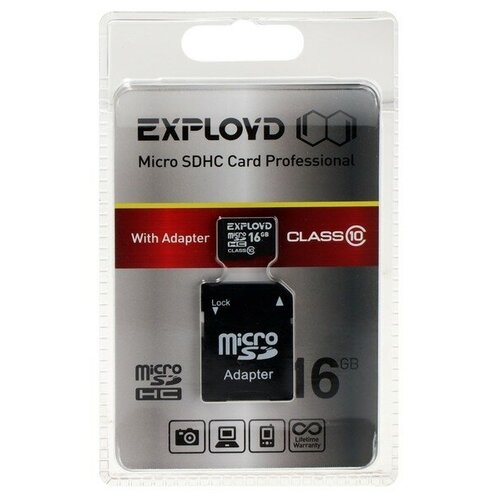 Карта памяти Exployd MicroSD, 16 Гб, SDHC, класс 10, с адаптером SD 9441515
