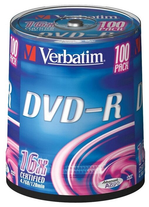 Носители информации DVD-R, 16x, Verbatim Azo Matt Silver, Cake/100, 43549 84131