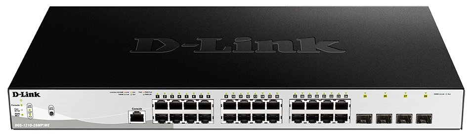 Коммутатор D-Link (DGS-1210-28MP/ME/B1A) Управляемый L2, 24 ports 10/100/1000Base-T, 4 ports 1000Base-X SFP, PoE-бюджет 370 Вт