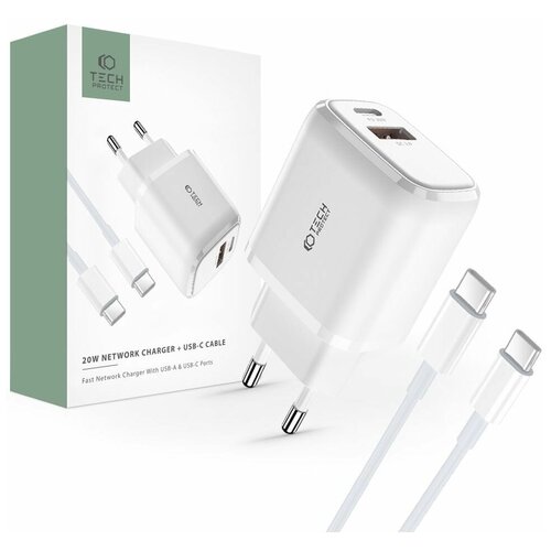 Зарядное устройство Tech-Protect C20W 2-порта с технологией PD20W/QC3.0 + кабель Type-C ( White )