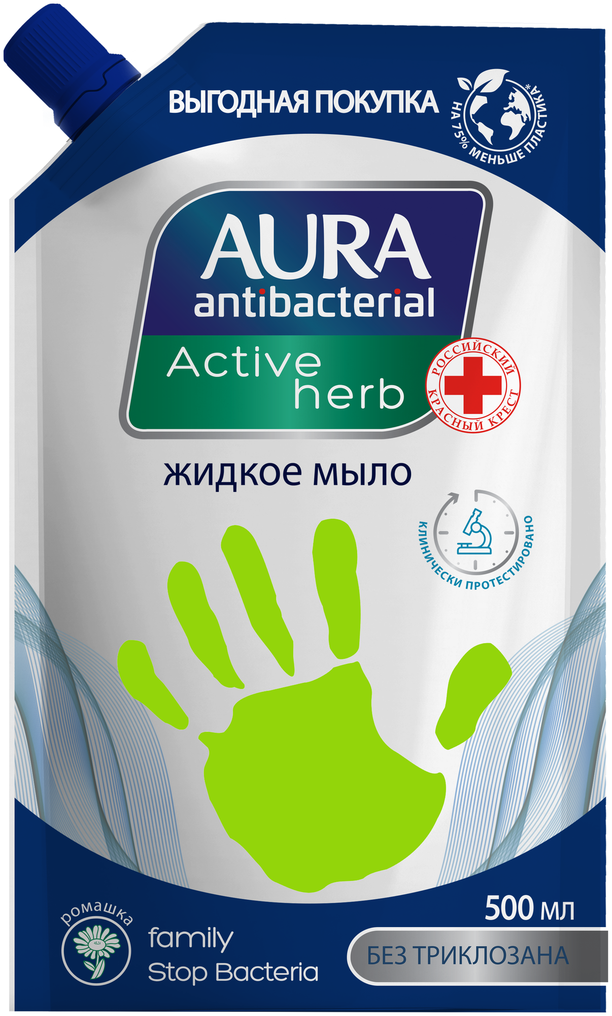 Aura Жидкое мыло с антибактериальным эффектом ромашка дой-пак 500мл