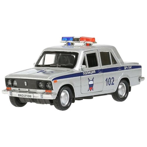 Легковой автомобиль ТЕХНОПАРК ВАЗ-2106 жигули полиция 2106-12 1:24, 12 см, серебристый легковой автомобиль технопарк ваз 2106 жигули 2106 12 1 34 12 см красный