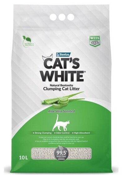 Наполнитель для кошачьих туалетов Cat's White комкующийся Aloe Vera с ароматом алоэ вера (10л)