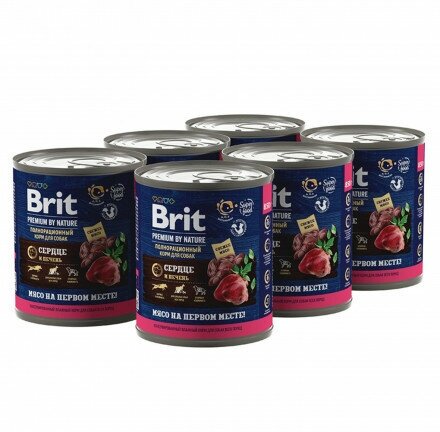 Влажный корм для собак Brit Premium by Nature, сердце, печень, упаковка 6 шт х 850 гр