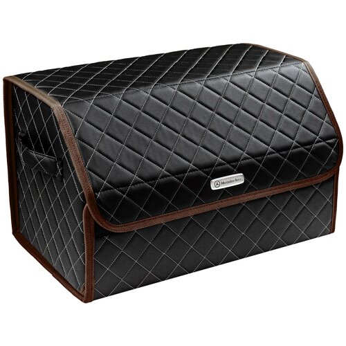 фото Сумка-органайзер в багажник автомобиля из экокожи черная с серой нитью vicecar (коричневый кант) с логотипом mercedes