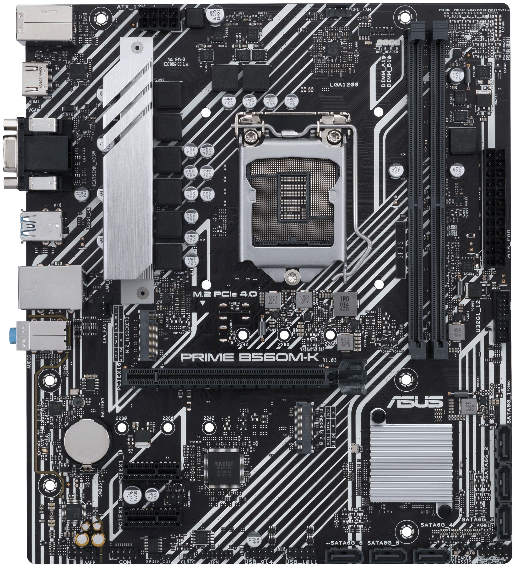 Материнская плата mATX ASUS PRIME B560M-K (LGA1200, B560, 2*DDR4(5000), 6*SATA 6G, 2*M.2, 3*PCIE, 7.1CH, Glan, D-Sub, HDMI, 5*USB 3.2)