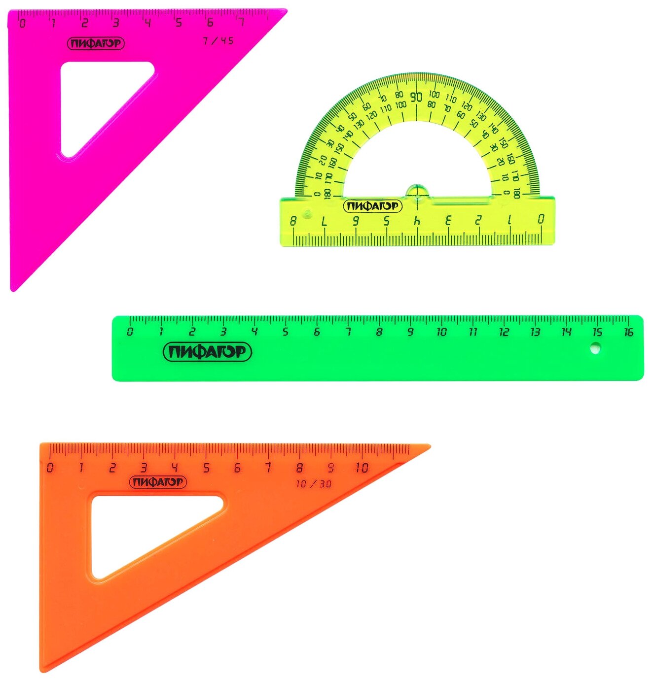 Набор чертежный малый пифагор (линейка 16 см, 2 треугольника, транспортир), непрозрачный, неоновый, пакет, 210624