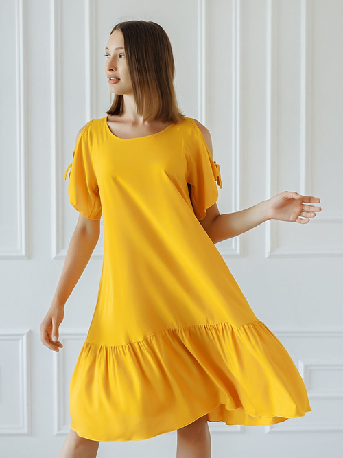 Платье Совушка Трикотаж, вискоза, трапециевидный силуэт, до колена, размер 56, желтый