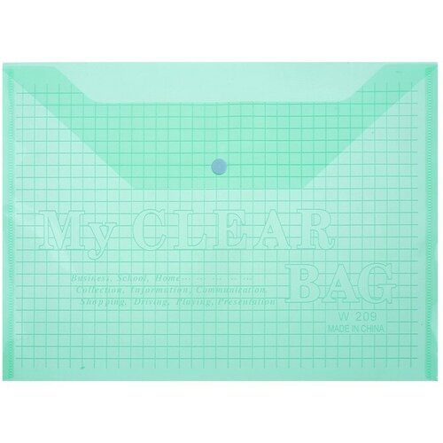 Папка-конверт на кнопке, А4, 120 мкм, Клетка, прозрачный, зелeный 20 шт