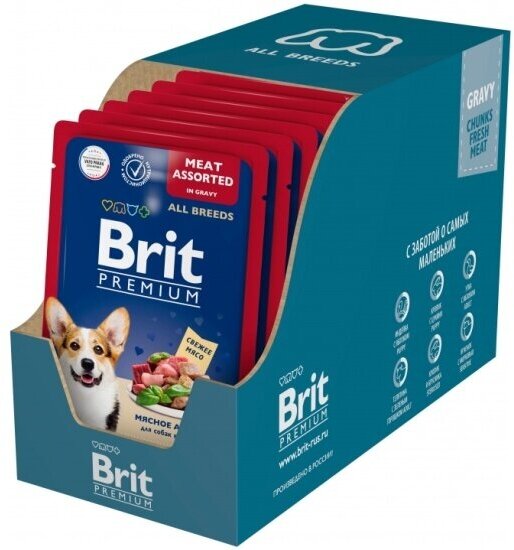 Корм влажный Brit Premium для взрослых собак всех пород мясное ассорти в соусе 14шт*85 г