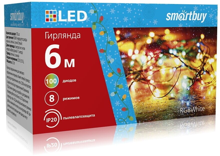 LED Гирлянда Smartbuy с контроллером, RGB, 6м, 100 диодов, IP20, зеленый провод (SB-RGB-6mGR)