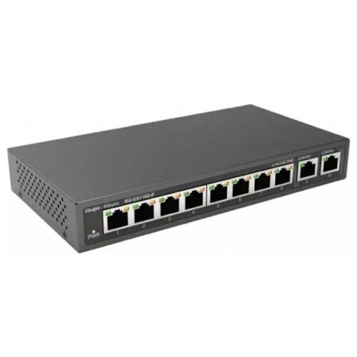 Reyee 8-Port 100Mbps + 2 Uplink Port 1000Mbps, 8 of the ports support PoE/PoE+ power supply. Max PoE power budget is 110W, unmanaged switch, desktop