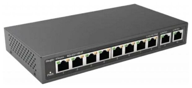 Неуправляемый коммутатор Ruijie Reyee 8-Port 100Mbps + 2 Uplink Port 1000Mbps, 8 of the ports support PoE / PoE+ power supply. Max PoE power budget is 110W, unmanaged switch, desktop (Only US standard Adaptor is available)