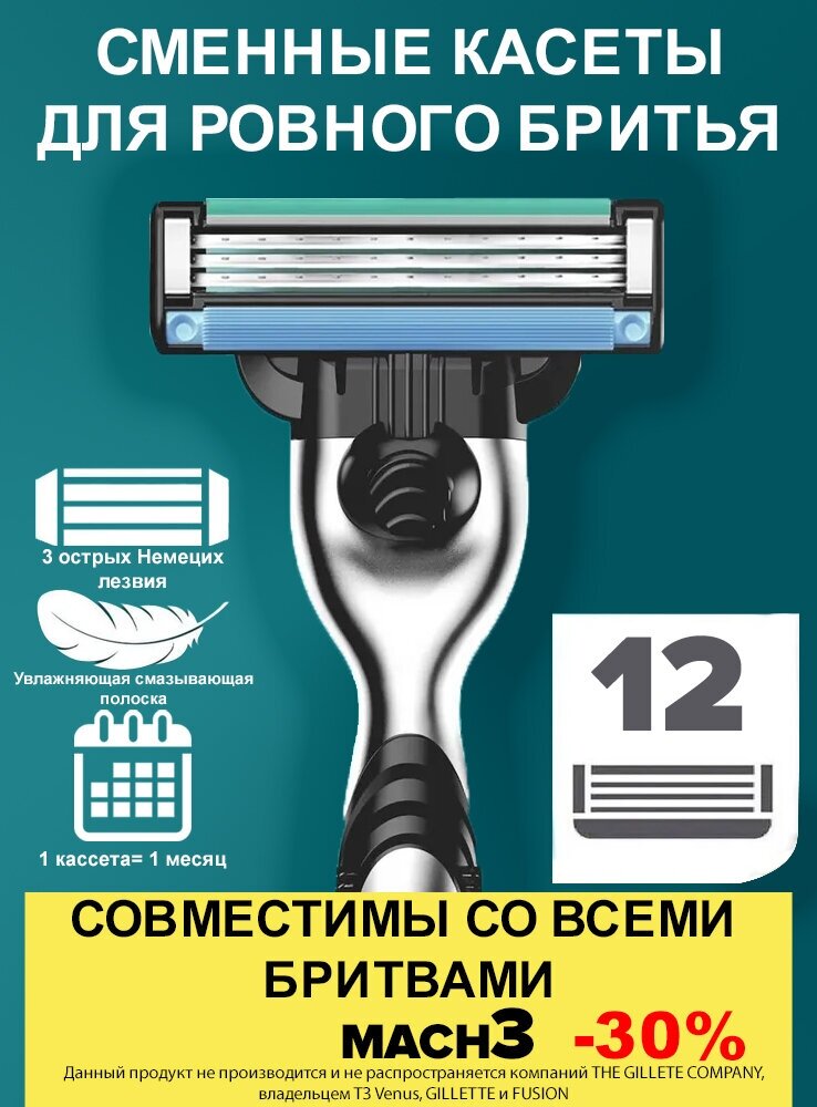 12 шт Мужские лезвия совместимы с Gillette Mach3 с 3 лезвиями