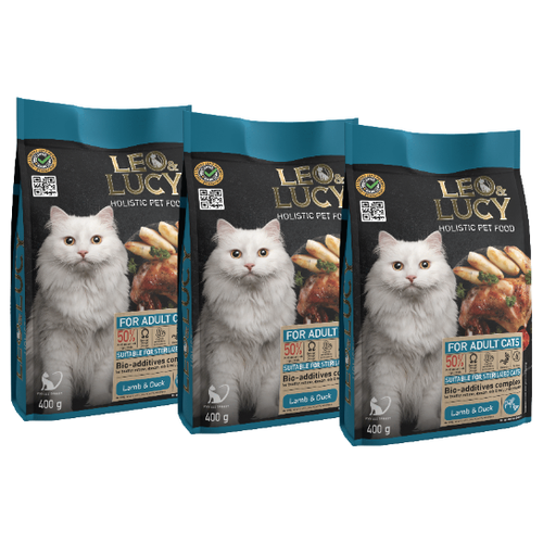 LEO&LUCY Сухой корм для кошек Holistic Steril ягненок и утка, биодобавки, 400гр * 3шт