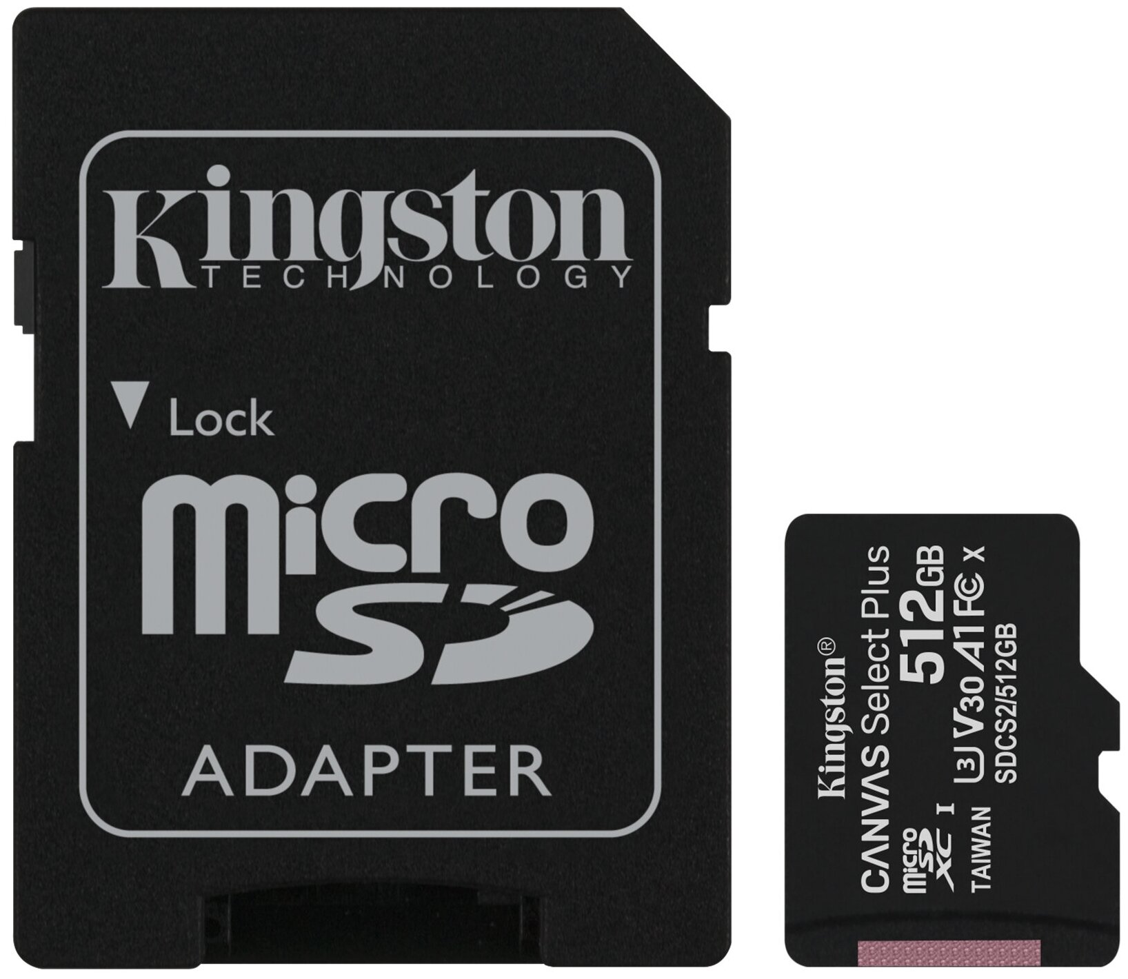 Карта памяти Micro SecureDigital 512Gb SDXC Kingston Canvas Select Plus class10 UHS-I U3 (SDCS2/512GB) + адаптер