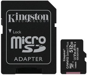 Карта памяти Kingston microSDXC 512 ГБ Class 10, V30, A1, UHS-I U3, R/W 100/85 МБ/с, адаптер на SD, 1 шт.