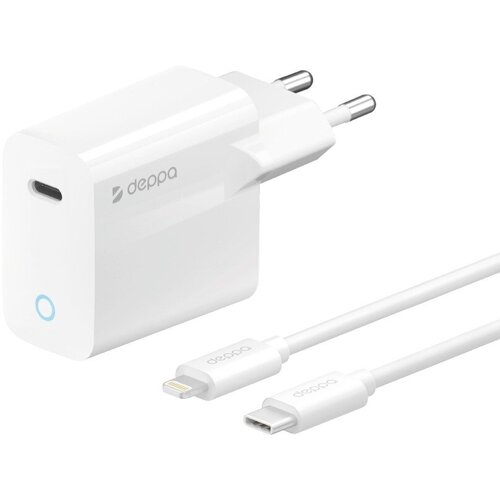 СЗУ Deppa USB Type-C, Power Delivery, 20Вт, дата-кабель USB-C - Lightning MFI, белый, 11425 сетевое зарядное устройство usb type c deppa power delivery 25вт 11376