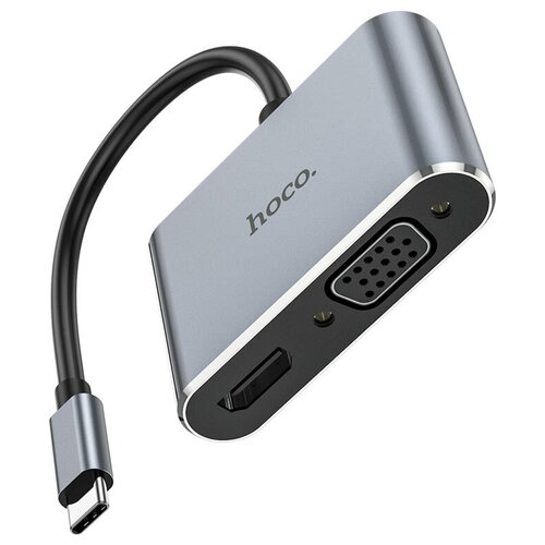 USB Хаб (HB30) c 1 Type-C на 1 USB 3.0+PD+VGA+HDTV, HOCO, металлический серый usb концентратор hoco hb30 4 гнезда pd usb3 0 type c hdtv vga серый