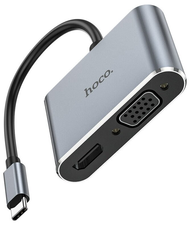 USB Хаб (HB30) c 1 Type-C на 1 USB 3.0+PD+VGA+HDTV HOCO металлический серый