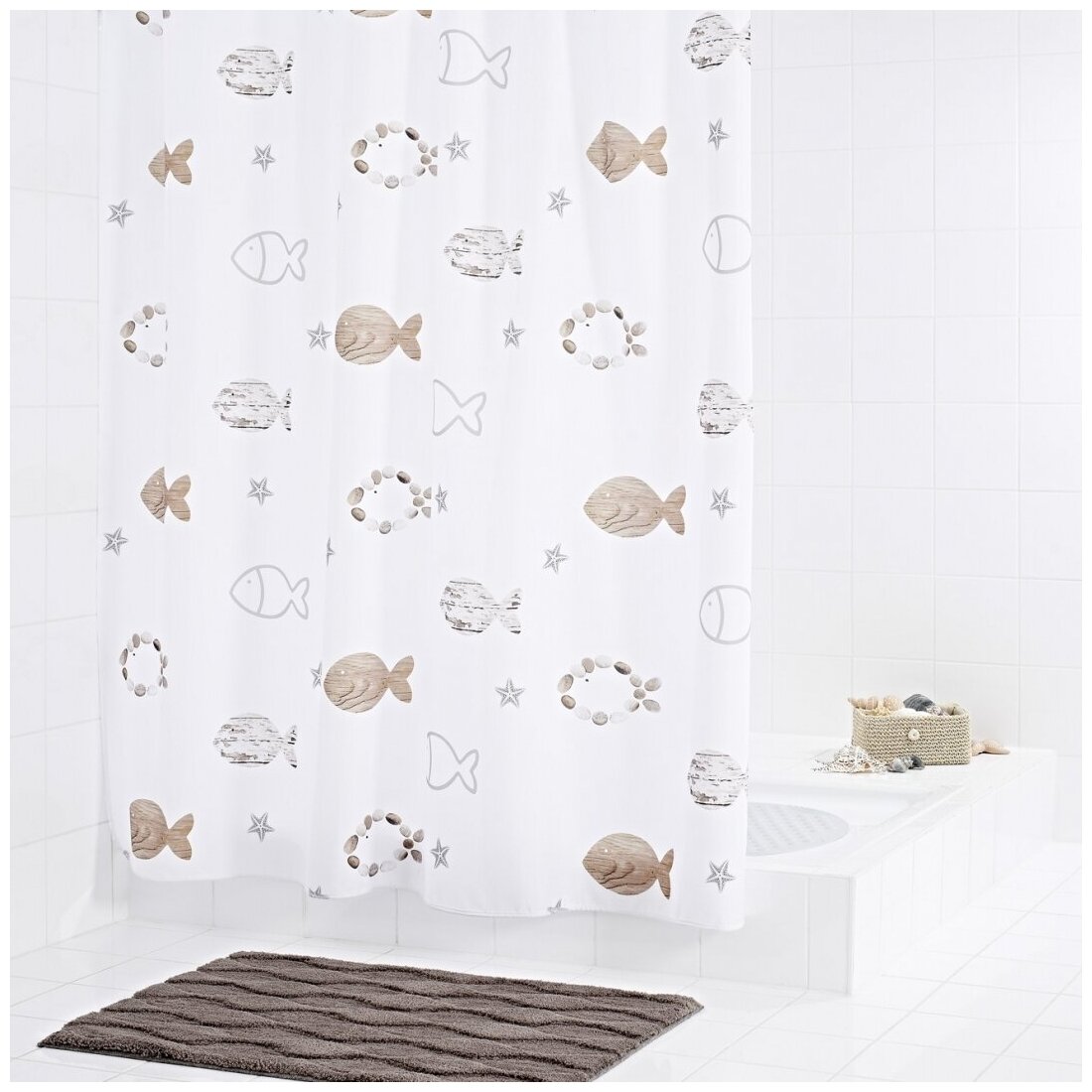 Тканевая штора для ванной комнаты RIDDER Fishes бежевый+коричневый 180х200 47819