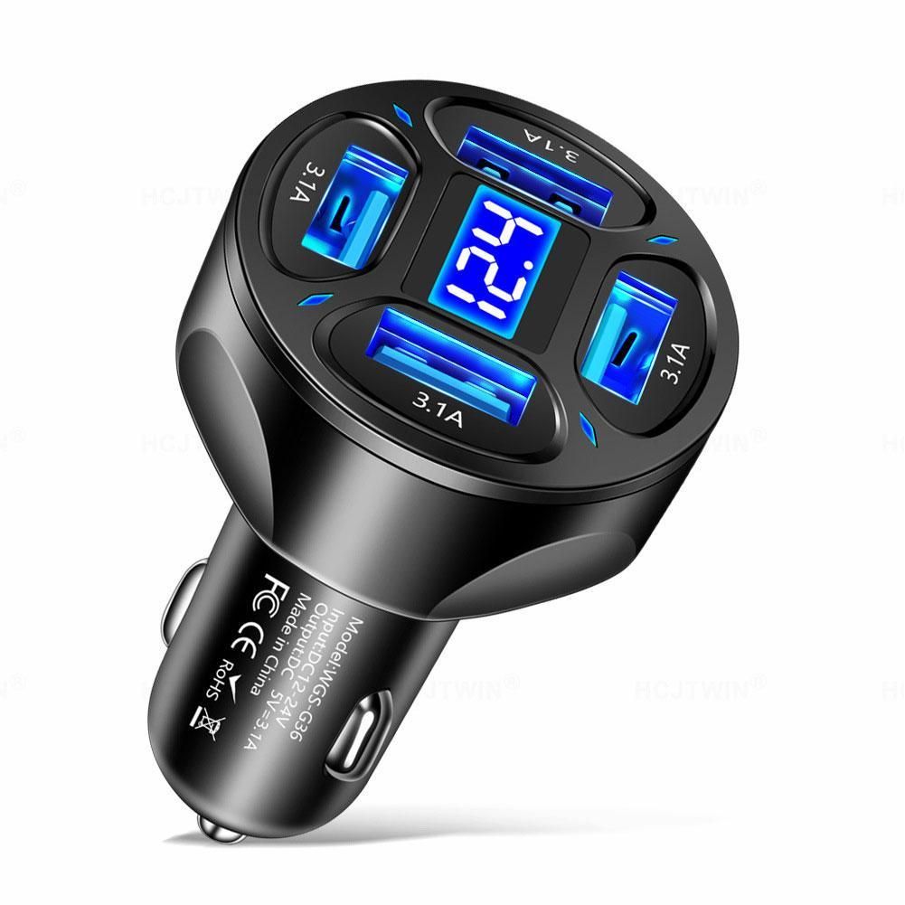 Автомобильное зарядное устройство, 4 порта USB, 3.1 А, LED-дисплей, 12-24 В, чёрный