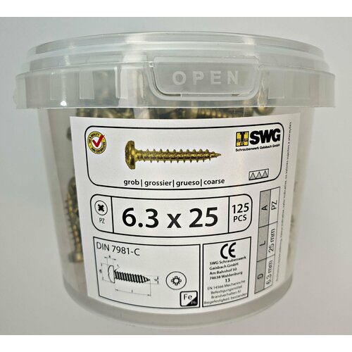 Саморез по металлу DIN 7981-C 6.3x25 (125 pcs) желтый SWG, Германия