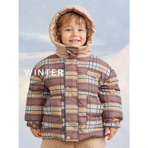 фото Пуховик happy baby, размер 86-92, коричневый, бежевый