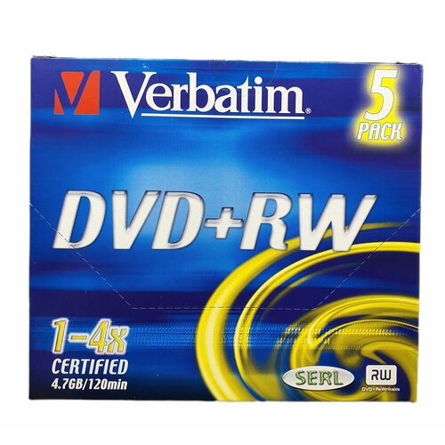 Компакт диск для записи Verbatim DVD+RW 4.7gb, 1-4x, 120min (упаковка из 5 штук) dvd диск verbatim 4 7 gb 4x jewel case 5 шт