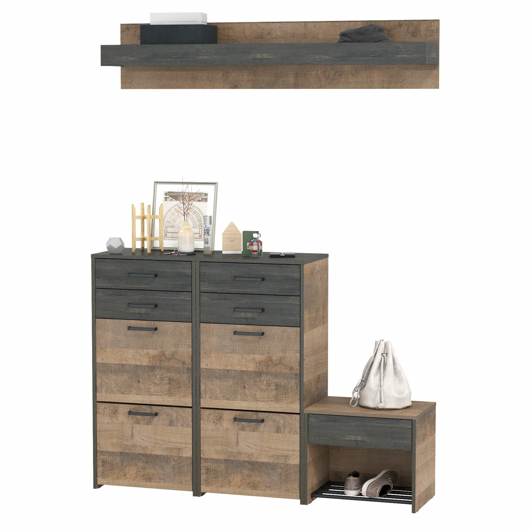 фото Навесная полка для прихожей с тремя разными тумбами для обуви Трувор, цвет дуб гранж песочный/интра, ШхГхВ 150х37х195 см, универсальная сборка