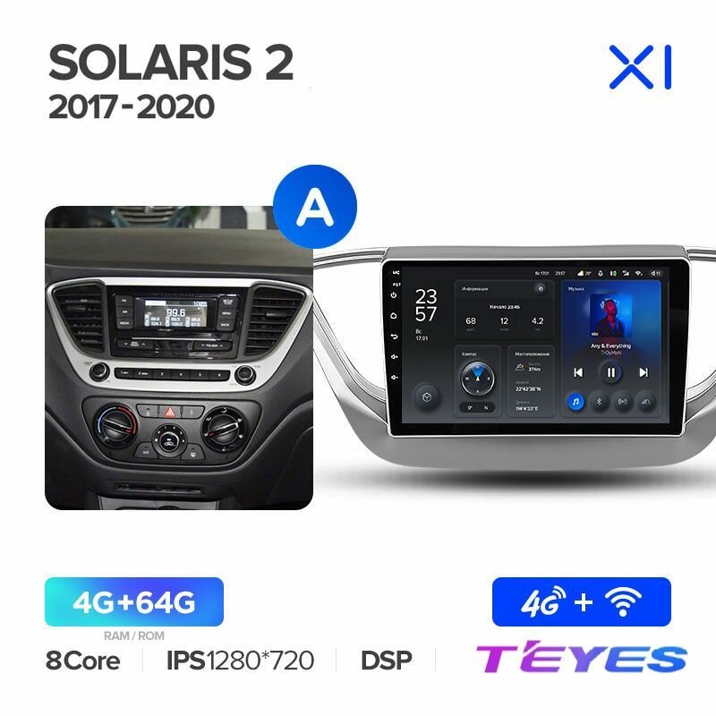фото Магнитола Hyundai Solaris 2 2017-2020 (Комплектация А) Teyes X1 4/64GB, штатная магнитола, 8-ми ядерный процессор, IPS экран, DSP, 4G, Wi-Fi, 2 DIN