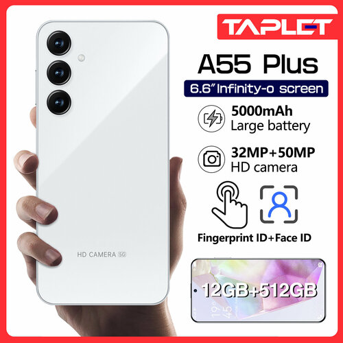 Смартфон A55 Plus Мобильный телефон 5G 12512 ГБ Белый 9400₽