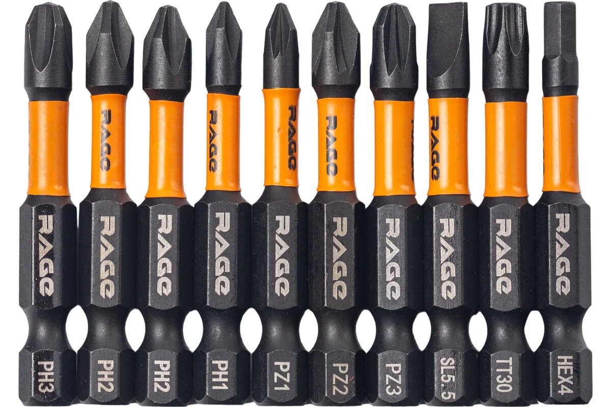 Набор ударных бит IMPACT S2 PH PZ SL HEX TORX 50 мм 10 шт By VIRA RAGE 554195