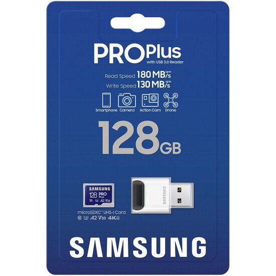 MicroSDXC 128Gb Samsung Pro Plus UHS-I U3 V30 A2 + reader (180/130 Mb/s)