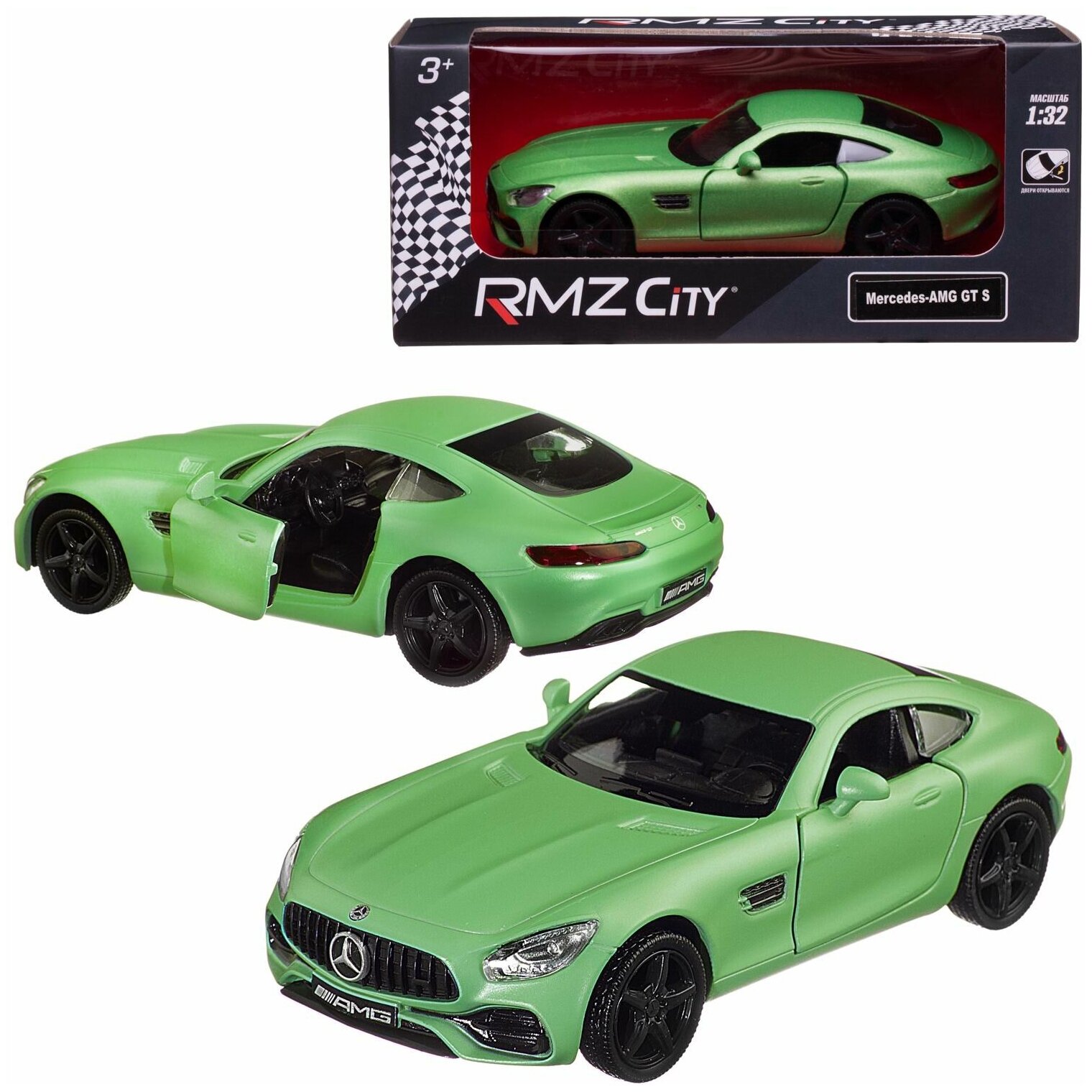 Машина металлическая RMZ City серия 1:32 Mercedes-Benz GT S AMG 2018, 2018 зеленый матовый цвет, двери открываются