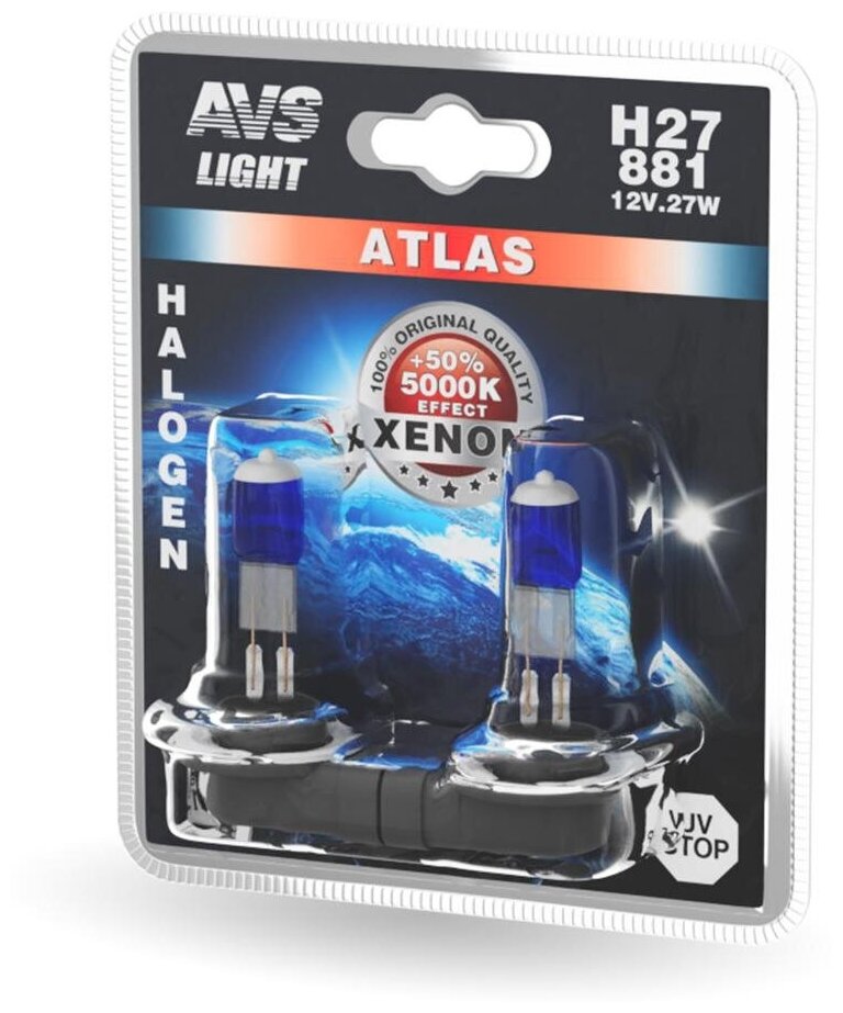 Лампа галогенная H27/881 12V 27W "AVS" Atlas (+50% света, 5000K, блистер) (2 шт.)